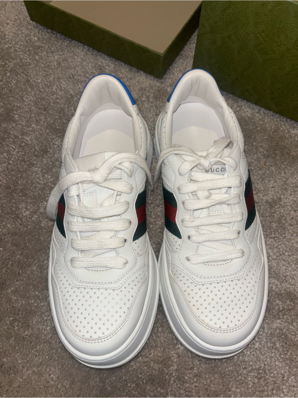Gucci White Leather Sneakers with Red & Green Web and Blue Heel Tab